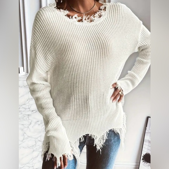 New Women’s Raw Trim, Solid Color Long Sleeve Drop Shoulder Distressed Sweater - Picture 2 of 4